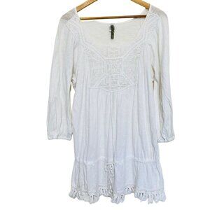 Women's White XCVI Anthropologie Embroidered Tunic Fringe Long Sleeve Mini Dress